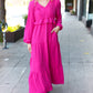 Beautiful You Berry Pintuck Detail Frill V Neck Maxi Dress