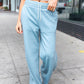 Weekend Ready Blue Grey Scuba Knit Drawstring Wide Leg Pants