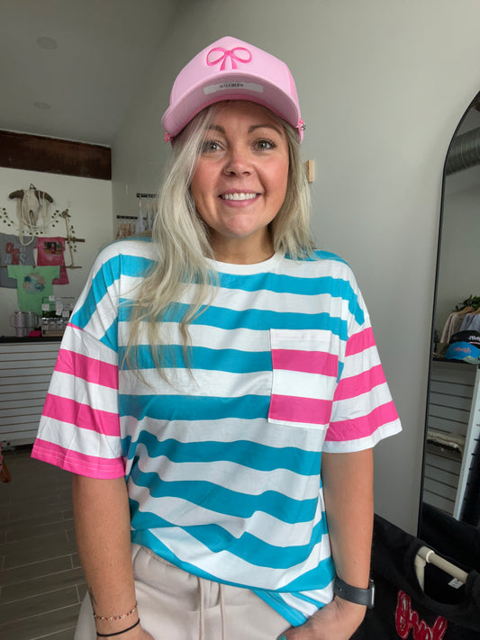 Pink & Turquoise Stripe Contrast Pocket Tee