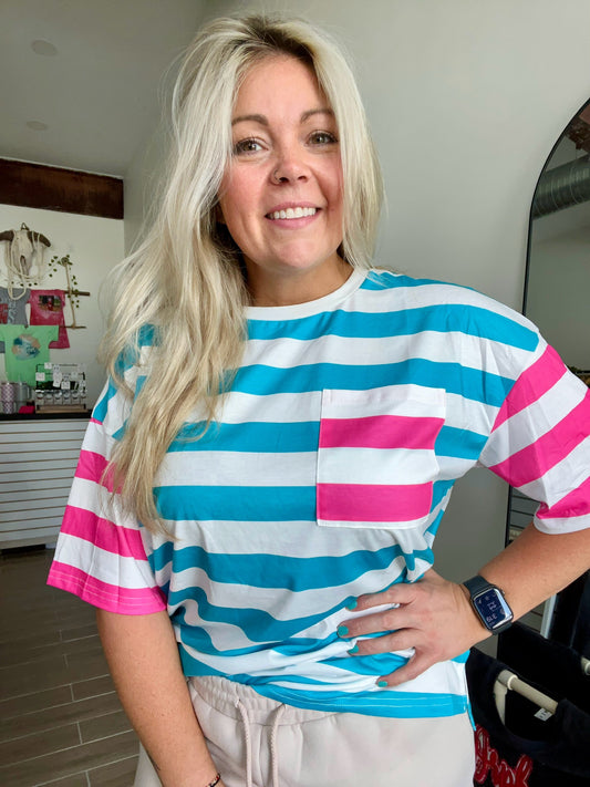 Pink & Turquoise Stripe Contrast Pocket Tee