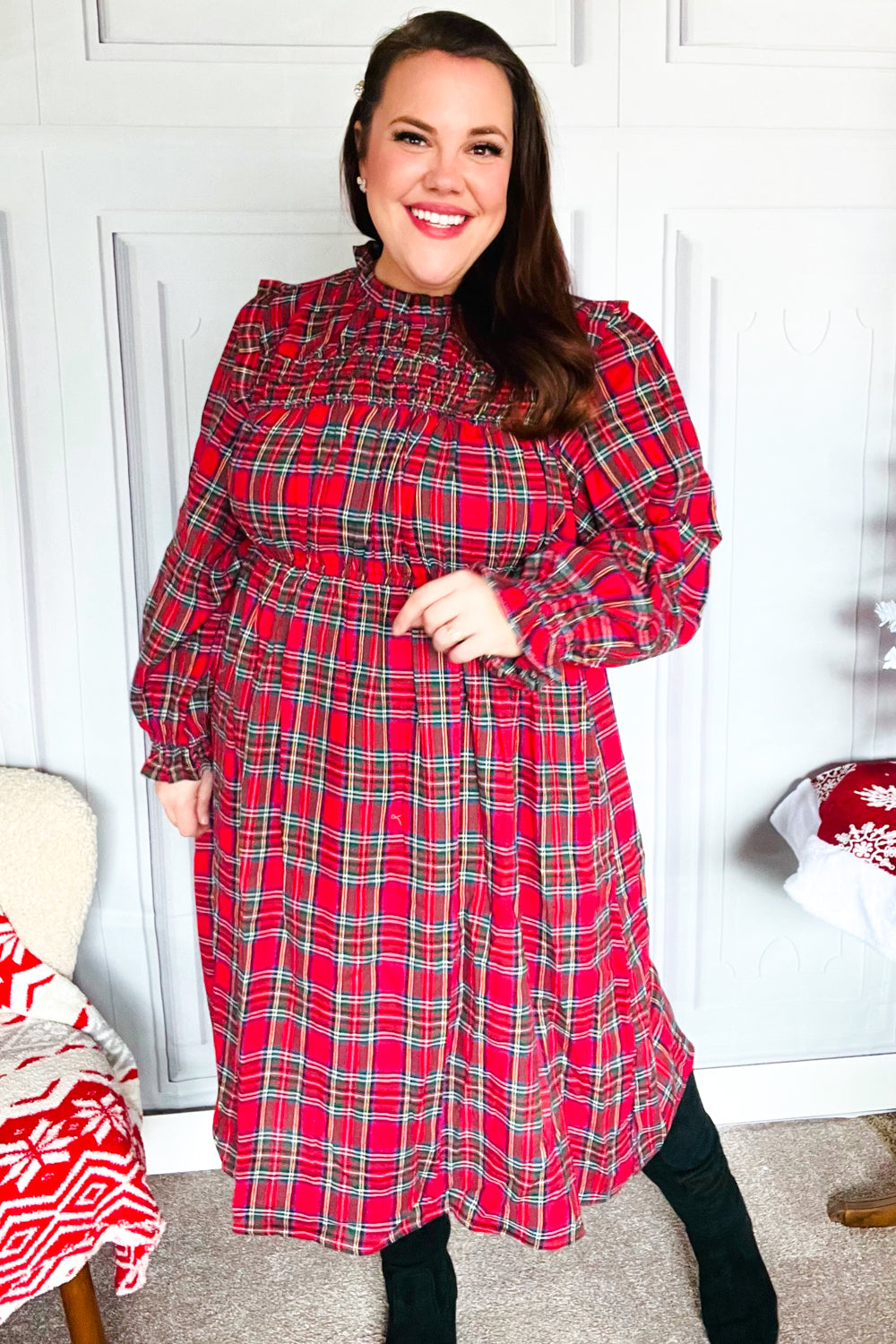 All I Want Hunter Red Plaid Check Woven Pocketed Dress